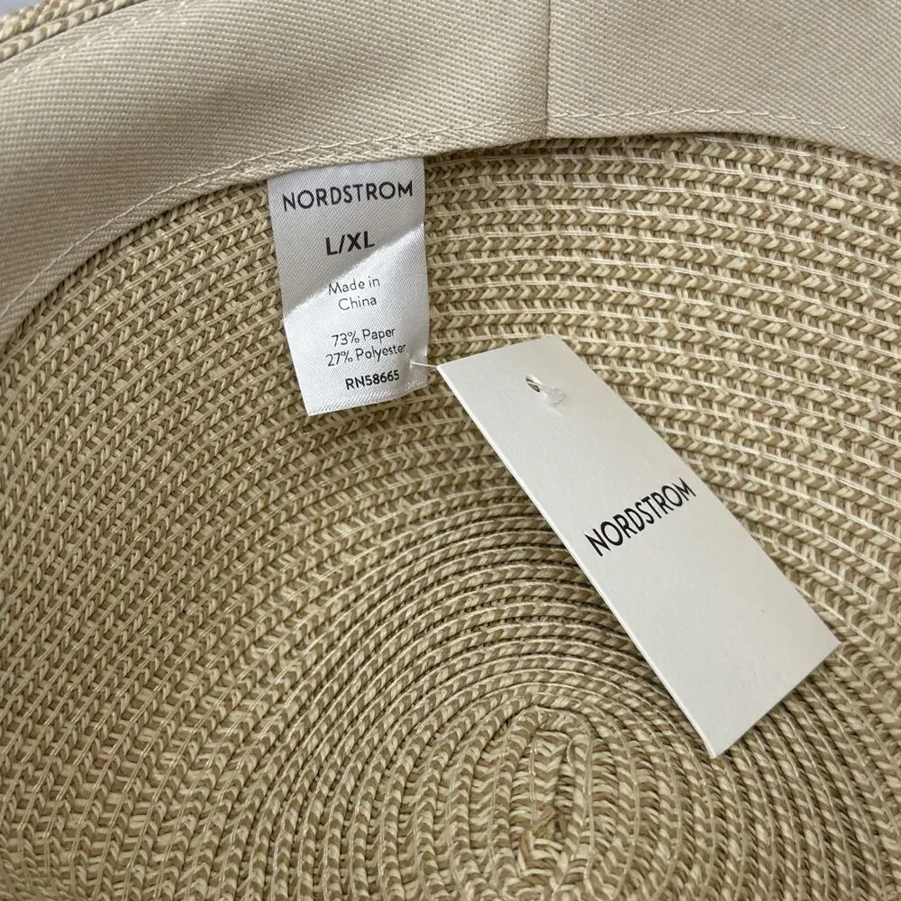Nordstrom Packable Tan Woven Panama Hat Fedora W/Blk Brown Ribbon Sz L/XL New
